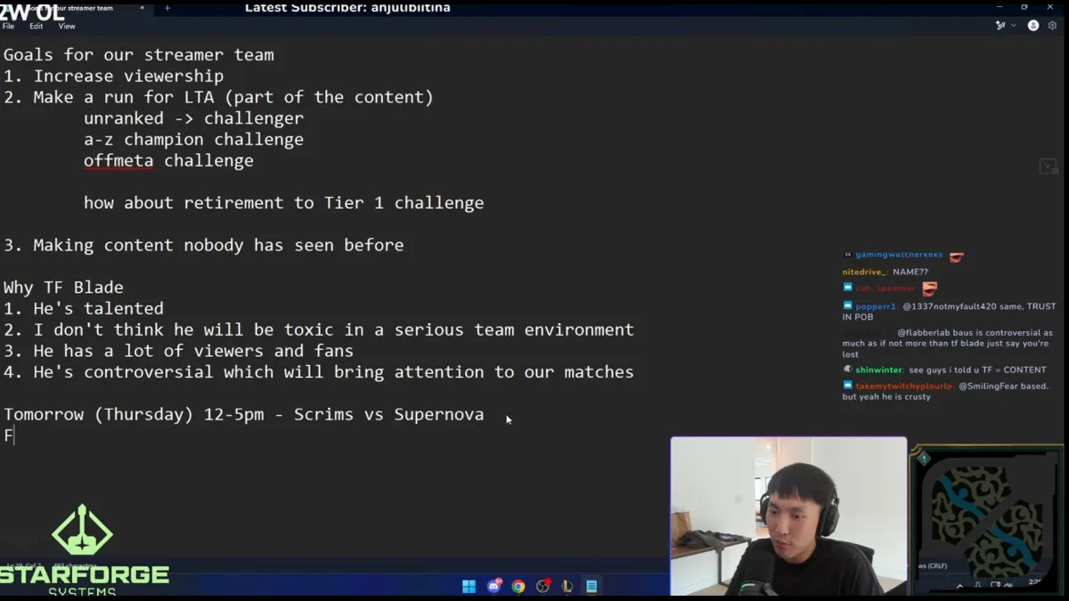 Doublelift discussing his new League of Legends team on live stream